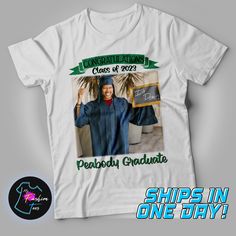 Graduation T-shirt for Graduating Class of 2023, Gift for a Graduate, Personalized T-shirt with Graduate Picture, Custom Graduation Shirt Hi! Welcome to our shop! Our main objective here at My Fashion Tees is your upmost satisfaction. Please message us with any questions you have about our products and services. Thank for taking time to check out what our shop has to offer! PRINTING PROCESS: We use the direct to garment (DTG) printing process, which uses water based textile ink. Each shirt is pretreated before printing to ensure a stronger bond between garment fibers and the pigmented inks. Since we use a digital process the print is sharper and has a higher resolution than traditional printing methods such as screen printing.  SHIRT SIZING AND SPECS: We carry infant sizes 6M - 18M, toddle Casual Tops With Custom Print For Graduation, Pre-shrunk White Shirt For Graduation, Graphic Tee Tops With Graphic Print For Graduation, Custom Print Cotton Tops For Graduation, Casual Crew Neck Top For Graduation, Cotton Crew Neck Top For Graduation, White Pre-shrunk Tops For Graduation, White Custom Print Tops For Graduation, White Pre-shrunk Top For Graduation