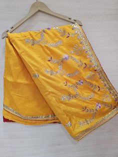 Indian Handmade Gotta Patti Jaipur Yellow Silk  Saree, Unique Design Saree, Yellow Color Silk Saree Pallu Designer. This Saree Can be used by any women or girl of any age group. Soft feel Saree, Attractive look, Fashion wear. This Saree Style is Traditional Unique and Pretty, add Charm to your dashing look. A beautiful Saree for gift. Item Details : Upaada Silk Fabric Saree: Upaada Silk Fabric Length: 6.5 metres Work: Handmade Gotta Patti Work Care: Please do Dry Wash only. Please don't do Iron Festive Traditional Wear In Raw Silk With Gota Work, Yellow Raw Silk Dupatta With Mirror Work, Yellow Raw Silk Traditional Wear With Mirror Work, Festive Raw Silk Sharara With Mirror Work, Yellow Traditional Wear With Mirror Work In Raw Silk, Festival Raw Silk Sharara With Mirror Work, Navratri Traditional Raw Silk Wear With Gota Work, Festival Sharara In Raw Silk With Mirror Work, Festive Chanderi Traditional Wear With Gota Work