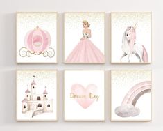 four pink princess wall art prints with unicorns, castle, horse, and heart