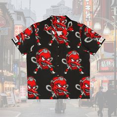 Japanese Tengu Hawaiian shirt - Ready to rock it with our retro style Japanese Hawaiian shirt?  Black and red illustration of the mythological Tengu from Japanese folklore.  Made to have a boxy fit and a notch lapel collar that are perfect for any laidback scenario, these shirts come with a handy chest pocket and a 95% polyester and 5% spandex fabric for silky comfort. Shirt is a lightweight material .: Material: 95% polyester, 5% spandex .: Medium fabric (7.23 oz/yd²) .: Boxy fit .: Chest pocket Please note these are made to order and will take upwards of 3 weeks to arrive. Harajuku Short Sleeve Shirt For Streetwear, Retro Short Sleeve Shirt For Streetwear, Black Streetwear Shirt With Character Print, Casual Character Print Shirt For Streetwear, Casual Shirt With Character Print For Streetwear, Casual Streetwear Shirt With Character Print, Pop Culture Summer Shirt With Character Print, Black Harajuku Shirt With Graphic Print, Pop Culture Character Print Shirt For Summer