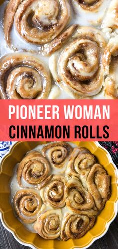 cinnamon rolls in a yellow dish with the title on top and an image of a pan filled