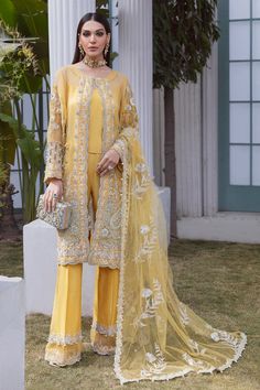 Tabbassum Mughal Morning Light Meeras Wedding Edition – Sara Clothes Elegant Yellow Churidar With Sheer Dupatta, Elegant Georgette Sherwani For Wedding, Elegant Wedding Sherwani In Georgette, Elegant Semi-stitched Sherwani With Sheer Dupatta, Yellow Silk Wedding Sets, Formal Georgette Churidar For Diwali, Elegant Sherwani With Sheer Dupatta For Eid, Eid Reception Sherwani In Georgette, Elegant Wedding Sherwani With Sheer Dupatta