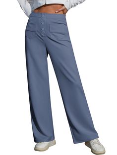 PRICES MAY VARY. [Skin-friendly Material]: These women's work pants are made of high-quality stretch breathable skin-friendly fabric, high waist trousers made of 95% Polyester, 5% Spandex, allowing you to focus on your work without feeling any discomfort or irritation. [Trend Design]: The high-waisted design of these high waisted trousers provides a slimming effect, and the trousers are decorated with buttons to add a touch of sophistication and elegance to your work attire. And multiple pockets Cute Office Wear Women, Extra High Waisted Pants, Petite Travel Clothes, Amazon Pants Women, Jeans Inspiration, Straight Wide Leg Pants, Feminine Clothes, Womens Straight Leg Pants, Work Pants Women