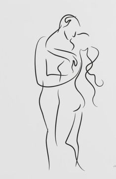 a black and white drawing of a man hugging a woman