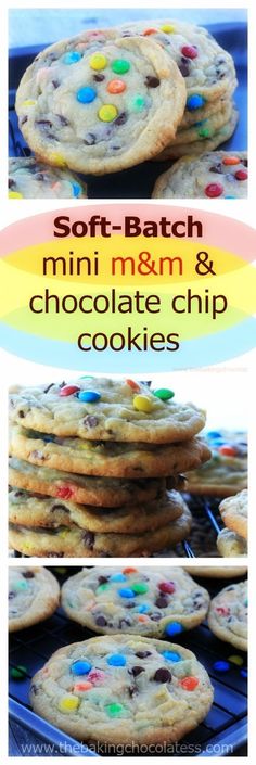 soft - batch mini m & m and chocolate chip cookies are stacked on top of each other