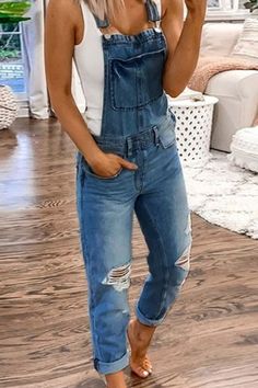 Details: Material: Denim Style: Casual Pattern Type: Solid Element: Ripped Elastic: No(Nonelastic) Sleeve Length: Sleeveless Fit Type: Regular Profile: Straight Type: Solid Color Size(in) Waist Length Hips S 28.3 47.6 36.2 M 29.9 48 37.8 L 31.5 48.4 39.4 XL 33.1 48.8 40.9 2XL 34.6 49.2 42.5 3XL 36.2 49.6 44.1 4XL 37.8 50 45.7 5XL 39.4 50.4 47.2 Tips:Due to the many variations in monitors, the color in the image could look slightly different, please take physical design and color shall prevail.Please allow 0.4"-1" differs due to manual measurement. Casual Sleeveless Solid Denim Jumpsuit, Casual Stretch Denim Blue Overalls, Stretch Denim Overalls In Blue, Stretch Medium Wash Overalls, Stretch Overalls With Pockets, Blue Non-stretch Sleeveless Denim Jumpsuit, Stretch Denim Blue Casual Jumpsuit, Casual Sleeveless Denim Blue Jumpsuits And Rompers, Blue Ripped Overalls