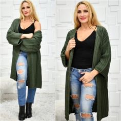 This Green Tone Is Being Seen All Over The Runways This Season. Cardigans Are Essential. They Are Easy To Wear Over A Top With Jeans, With A Dress And Heels Or Slacks And A Blouse! This Moss Green Oversized Chunky Knit Cardigan. Lovely Soft Material And A Must Have!! Fuzzy One Size This Is One Size Fits A S-Xl 2 4 6 8 10 12 S M L Xl *Oversized & Slouchy Sweater Trendy Soft Knit Open Front Sweater Coat, Chunky Knit Sweater Coat For Spring, Trendy Cable Knit Sweater Coat For Spring, Trendy Open Knit Outerwear, Trendy Knitted Sweater Coat For Layering, Fall Chunky Knit Outerwear, Trendy Open Knit Winter Cardigan, Trendy Long Green Outerwear, Trendy Textured Knit Outerwear For Layering