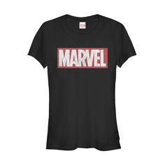 If Marvel comics fill your bookshelf, then let Marvel styles fill your closet too with the awesome Marvel Classic Distressed Logo Juniors' T-Shirt! The classic red and white "Marvel" logo is printed in a vintage faded style across this awesome fitted Marvel shirt. Red Graphic Print T-shirt For Fan Conventions, Pop Culture Fan Merchandise Tops With Text Print, Pop Culture Tops With Text Print For Fans, Superhero Screen Print Tops For Fan Conventions, Red Short Sleeve Fandom Tops, Red Short Sleeve Fandom Top, Red Pop Culture Tops For Fan Conventions, Superhero Black Top With Letter Print, Superhero Style Black Top With Letter Print