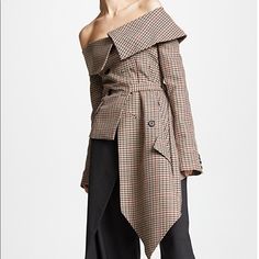 Brown Wool Blend Plaid Blazer Excellent Condition. Never Worn Lining: Silk 95%, Spandex/Elastin 5% Outer: Polyester 50%, Wool 50% Tailored Asymmetrical Fall Outerwear, Chic Tailored Asymmetrical Outerwear, Asymmetrical Top For Office In Fall, Tailored Asymmetrical Spring Outerwear, Fitted Asymmetrical Outerwear For Office, Off Shoulder Jacket, Off Shoulder Fashion, Wool Blend Jacket, Plaid Blazer