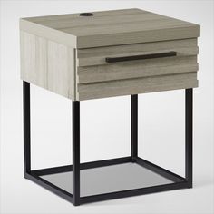 an end table with a drawer on one side and a metal frame around the top