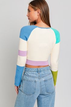 We are throwing on the On Repeat Aqua Colorblock Cropped Sweater all season! A square neckline, rounded shoulders, and long sleeves are composed of super cute aqua, periwinkle, ivory, lime, and lilac striped colorblock medium-weight knit. Fitted bodice and slightly cropped hem. Pair with high-waisted 90's jeans for a fun cooler weather look! DETAILS & FIT Fitted. 55%Rayon/45%Nylon. Machine Wash Cold. Imported. ORDERS, SHIPPING & RETURNS Orders, Shipping, & Returns Rounded Shoulders, Colorblock Sweater, 90s Jeans, Pink Boho, Cooler Weather, Color Block Sweater, On Repeat, Square Necklines, Long Sweaters