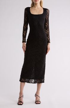 Feel your finest in this sultry midi-length dress shaped from delicate lace and framed by a square neck. Square lined Partially lined Sheer long sleeves 96% nylon, 4% spandex Hand wash, line dry Made in the USA Fitted Lace Midi Dress For Evening, Evening Midi Dress With Delicate Lace, Elegant Fitted Midi Dress With Delicate Lace, Delicate Lace Midi Dress For Formal Occasions, Formal Fitted Midi Dress With Delicate Lace, Fitted Lace Dress For Formal Occasions, Fitted Midi Dress With Delicate Lace For Party, Square Neck Lace Patchwork Party Dress, Formal Midi Dress With Delicate Lace