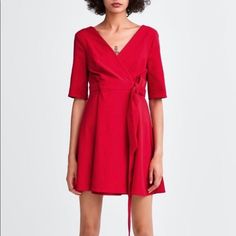 - New (Never Worn); No Tag - Elbow Length Sleeve - V-Neck Back - Front Closure With Button And Tie No Offers Red A-line V-neck Dress For Spring, Red Fitted V-neck Short Sleeve Dress, Summer Red A-line V-neck Dress, Red V-neck Dress For Spring Date Night, Red V-neck Wrap Dress For Summer, Chic Red Mini Dress With Surplice Neckline, Red Knee-length V-neck Dress For Summer, Red Fitted V-neck Dress With Short Sleeves, Red V-neck Mini Dress For Brunch