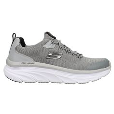 Considerably more comfort for long walks in sleek style comes with the Skechers Relaxed Fit: D'Lux Walker - Pensive shoe. Soft woven athletic knit mesh and smooth synthetic upper in a slip on stretch laced athletic comfort walking sneaker with stitching and overlay accents. Well cushioned Skech-Foam midsole, Air Cooled Memory Foam insole. $64.95 Cushioned Athletic Fit Slip-on Sneakers For Jogging, Gray Mesh Walking Shoes For Sports, Breathable Gray Sneakers For Jogging, Breathable Slip-on Sneakers With Cushioned Footbed For Sports, Gray Synthetic Running Shoes For Light Sports, Gray Breathable Mesh Sneakers For Light Sports, Slip-on Sneakers With Cushioned Breathable Footbed, Functional Slip-on Sneakers With Breathable Fabric, Functional Breathable Lace-up Walking Shoes