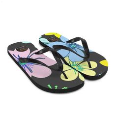 Introducing "Summer Floral Footwear Frenzy" - the must-have addition to your summer wardrobe! Step into the season with style and comfort in our colorful flip-flops that are perfect for all your warm-weather adventures. Featuring a rubber sole and soft fabric lining, these trendy flip-flops offer the perfect combination of durability and coziness. Customize your pair with 100% polyester fabric lining and elegant black Y-shaped rubber straps for a touch of sophistication. With a toe post style to keep you secure and show off your pedicure, these flip-flops are both practical and fashionable. Plus, each pair is made to order, reducing waste and promoting sustainable fashion choices. Don't miss out on the chance to elevate your summer outfits with pastel flower designs and the latest seasonal Lightweight Slippers For Beach In Spring, Non-slip Sandals For Beach Season, Non-slip Sandals For Beach, Non-slip Round Toe Flip Flops For Beach Season, Multicolor Synthetic Flip Flops For Swimming, Tropical Flip Flops For Beach Season, Lightweight Flat Slippers For Beach, Non-slip Synthetic Flip Flops For The Beach, Non-slip Synthetic Flip Flops For Beach