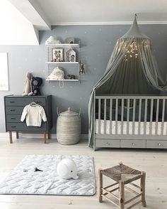 a baby's room is decorated in gray and white