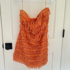 Never Worn, Good Material Summer Cocktail Mini Dress With Fringe, Orange Strapless Dress For Date Night, Strapless Orange Dress For Date Night, Spring Night Out Dresses With Fringe, Spring Fringe Dress For Night Out, Strapless Mini Cocktail Dress, Spring Cocktail Dress With Fringe, Chic Orange Strapless Dress For Spring, Orange Lined Party Dress