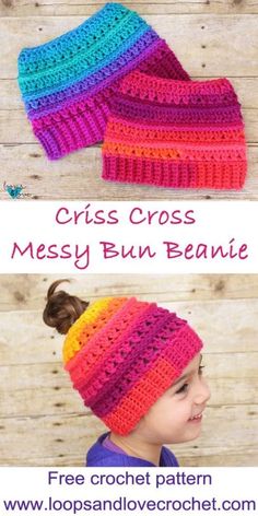 the crochet messy bun beanie is made with two different colors and sizes