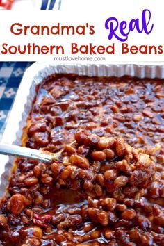 grandma's real southern baked beans recipe in a pan with spoon on the side