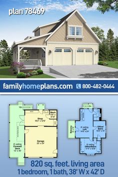 two story house plan with 3 car garage and attached living area in the front yard