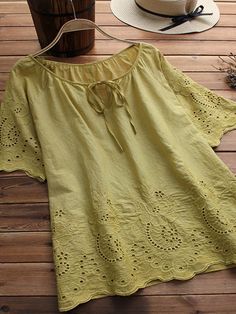 SPU:E56SH4S13B7Pattern Type:SolidSleeve Type:Short SleeveSilhouette:AsymmetricalDecoration:EmbroideryThickness:LightweightMaterial:Cotton-blendNeckline:V neckOccasion:Going outProcess:EmbroideryStyle:SweetTheme:SummerColor:Yellow,WhiteSize:M,L,XL,XXL,4XL,5XL,XXXLLength (cm):M:75, L:76, XL:77, XXL:78, 4XL:79, 5XL:80, XXXL:81Bust (cm):M:111, L:116, XL:121, XXL:126, 4XL:131, 5XL:136, XXXL:141Size ChartSizeLengthBustcminchcminchM7529.511143.7L7629.911645.7XL7730.312147.6XXL7830.712649.64XL7931.11315 Sweet Embroidery, Linen Casual, Tops Casual, Short Sleeve Shirts, Striped Sleeve, Casual Tops For Women, Loose Tops, Cotton Style, Plus Size Tops