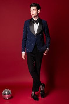 Navy blue tuxedo with hand embroidered motifs. Paired with an inner shirt and pant. Comes along with a bow tie. - Aza Fashions Embroidery Butti, Navy Blue Tuxedo, Navy Blue Tuxedos, Blue Tuxedo, Blue Tuxedos, Embroidered Motifs, Tuxedo Pants, Blue Suit, Shirt And Pants