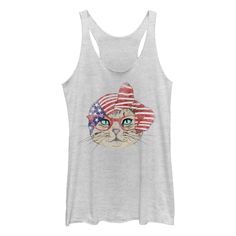 Stay star-spangled all day long with these patriotic Lost Gods Fourth of July shirts and Fourth of July tank tops! Show off your stars and stripes with awesome American flag shirts, USA shirts, and patriotic tees! Size: large. Color: white heather. Gender: female. Age Group: adult. Pattern: Cat. Material: Polyester. Patriotic American Flag Tank Top For Summer, Casual Tops With American Flag For Veterans Day, Casual American Flag Tops For Veterans Day, Patriotic American Flag Print Tank Top For Spring, American Flag Summer Tops, American Flag Tops For Veterans Day, Patriotic Flag Print Tank Top For 4th Of July, Patriotic American Flag Tank Top For Independence Day, Americana Style Tops With American Flag For Veterans Day