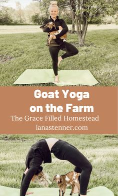 a woman doing yoga in the grass with her dog and text that reads goat yoga on the farm