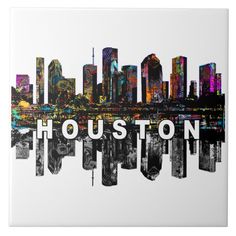 the houston skyline in black and white tiles