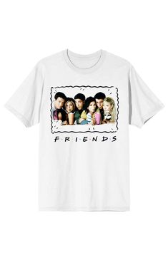 Online only! Celebrate classic sitcom humor with this Friends tee. The shirt features a picture of the main characters Ross, Rachel, Joey, Phoebe, Monica, and Chandler splitting a pair of milkshakes. Each shake has three straws. The picture is framed with squiggly black lines, and the show's logo appears underneath. Fans of the funny friends will love this t-shirt.


	Solid color tee
	Short sleeves
	Crew neckline
	Front graphic
	Standard fit
	Machine washable Monica And Chandler, Funny Friends, Friends Tee, Black Lines, Milkshakes, The Funny, Top Graphic Tees, Friends Funny, Main Characters