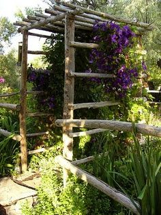 a wooden structure with purple flowers growing on it's sides and in the background