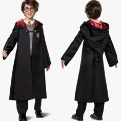 two children dressed in harry potter costumes, one is wearing glasses and the other has a robe