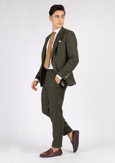 The Eldridge Juniper Green Linen Suit is crafted from pure linen fabric that exudes classic vibes with the forest green hue. Its sophisticated and refined craftsmanship will effortlessly elevate any occasion. For those seeking an effortless display of fine taste, this custom made suit is the perfect choice. Green Linen Suits With Notch Lapel, Elegant Green Linen Suits, Formal Green Linen Blazer, Green Linen Blazer For Formal Occasions, Green Linen Blazer For Tailoring, Green Linen Business Blazer, Linen Double Breasted Suit With Suit Collar For Work, Semi-formal Linen Double Breasted Suit With Welt Pockets, Linen Double Breasted Suit For Work