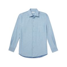 Loro Piana's 'André' shirt has been crafted in Italy from cotton-twill blended with a touch of cashmere, so it feels really soft against the skin. The collar is cut wide, ideal for wearing open. Luxury Cotton Slim Fit Tops, Luxury Cotton Long Sleeve Dress Shirt, Luxury Long Sleeve Cotton Dress Shirt, Luxury Long Sleeve Cotton Shirt, Luxury Cotton Shirt For Spring, Luxury Long Sleeve Blue Shirt, Luxury Blue Long Sleeve Shirt, Semi-formal Cotton Shirt With Welt Pockets, Luxury Blue Shirt With Spread Collar