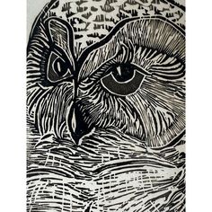 an owl is shown in this black and white drawing, with the eyes wide open