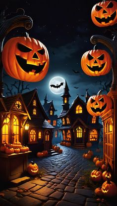 a halloween scene with pumpkins in the air