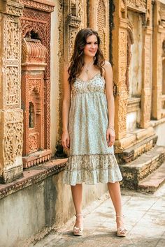 Women's Cotton Floral Sundress with Beaded Accents - Summer in Jaipur | NOVICA Sundress Summer, Easy Fashion, Cotton Sundress, Empire Waist Dress, Floral Sundress, Gorgeous Fabrics, Kurti Designs, Green Cotton, Fashion Addict