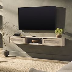 a living room with a large flat screen tv mounted on the wall above it's entertainment center