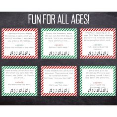 four christmas themed printables with the words fun for all ages on each card