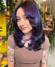 Violet Highlights On Black Hair, Purple Highlights Black Hair, Purple Peekaboo Hair, Dark Violet Hair, Deep Purple Hair, Purple Hair Streaks, Colored Hair Roots, Violet Highlights, Haircolor Ideas