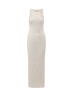 Sleeveless long dress. U-shaped and ray neckline at back. Thin shoulder straps. Side zipper closure. Stretch fabric and lined interior. Tight and flowing fit. Sheer effect. All-over applied rhinestone rhinestones. Composition: 95% Polyester, 5% Elastane Rhinestone Maxi Dress, Versace Shop, Chic Party, Sleeveless Long Dress, Luxury Dress, Sleeveless Maxi Dress, Contemporary Fashion, Fashion Labels, Self Portrait