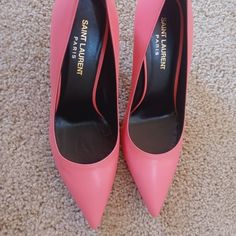 Saint Laurent Women's Coral Pink Leather Tripon Paris Pump 375366 6618 Made Of Leather; Leather Sole; Leather Lining; Toe Style: Pointed; Heel Type: Stiletto; Measurements: Heel: 4.25; Width: Medium (B, M); Original Ysl Saint Laurent Box, Tags, And Authenticity Card Included; Made In Italy Pink Round Toe Court Shoes With Padded Heel, Pink Court Shoes With Padded Heel And Round Toe, Pink Padded Heel Court Shoes For Office, Pink Round Toe Court Shoes For Work, Pink Almond Toe Court Shoes For Work, Luxury Pink Heels With Leather Sole, Chic Pink Pointed Toe Court Shoes, Chic Pink Leather Court Shoes, Chic Pink Court Shoes For Office