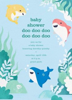 a baby shower is shown with an image of sharks and other marine creatures in the water