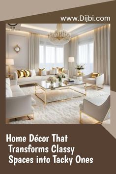 a living room filled with white furniture and gold accents on top of carpeted flooring