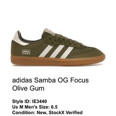 the adidas samba og focus olive gum is available for men's and women's sizes