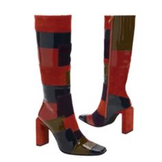 Orange, Navy, Green Patent Leather And Suede Patches Make Up This Beautiful Pair Of Knee High Boots With A Flat Rectangular Heel. Worn Once For A Few Hours. Chic Multicolor Boots For Fall, Chic Multicolor Leather Boots, Patchwork Boots, Shoe Fits, Navy Green, Jeffrey Campbell, Shoes Heels Boots, Green And Orange, High Boots