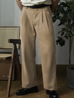 Men's Solid Color Pleated Suit Pants Khaki    Woven Fabric Plain  Non-Stretch  Men Clothing, size features are:Bust: ,Length: ,Sleeve Length: Khaki Slacks Mens Outfit, Khaki Pants Outfit Men, Khaki Pants Outfit, Christmas Traditional, Business Casual Suit, Khaki Slacks, Pants Outfit Men, Khaki Pants Men, Man Weave