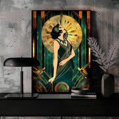 Vintage Style Dressing Room 1920 Gold Teal Emerald Decor, Art Deco Lady Powder Room Wall Art Large 20s Style Wall Art Gift, Art Deco Bedroom - Etsy Casual Art Deco Interior, Art Deco Bar Design, 1920 Bedroom, Art Deco Dressing Room, Powder Room Wall Art, Art Deco Bedroom Ideas, Emerald Decor, Apartment Themes