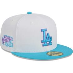 the los angeles dodgers new era 59fifty fitted hat is white and blue