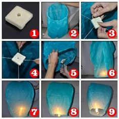 instructions to make a paper lantern with teal blue tissue and white lights on the inside